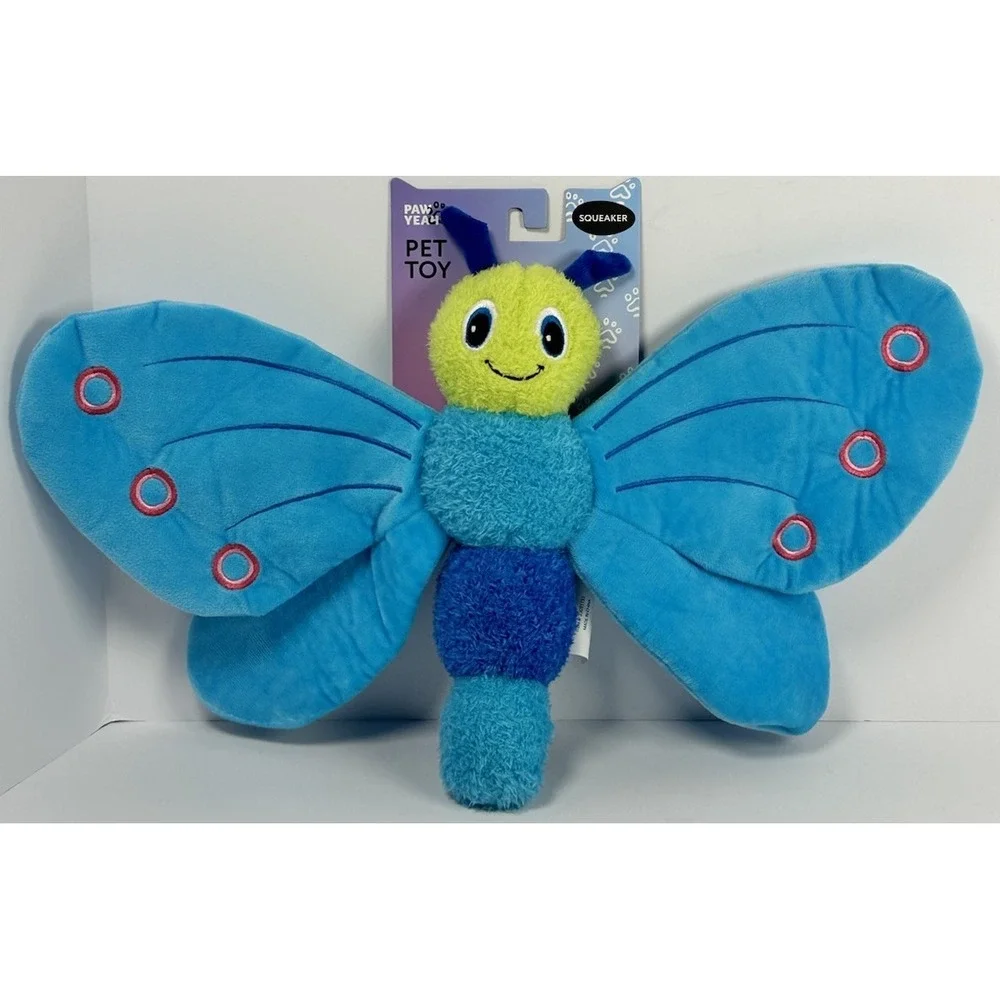 Butterfly Dog Toy Plush Squeaky Crinkle Blue Green Puppy Chew Interactive Toy